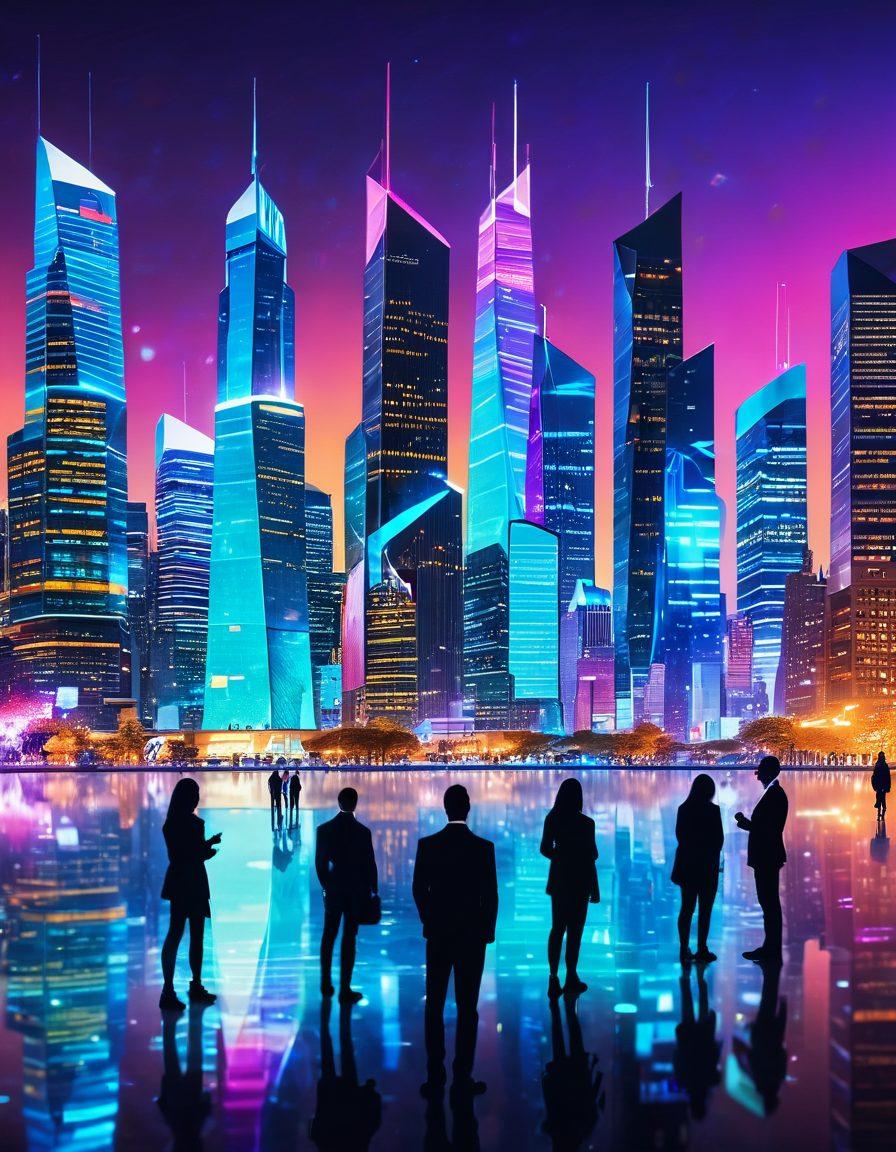 A futuristic city skyline with digital elements like holograms representing various insurance solutions. In the foreground, a diverse group of people engaging with virtual interfaces showcasing comprehensive e-insurance options. The atmosphere conveys innovation and security, with glowing lines symbolizing connectivity. Bright, modern aesthetic with a hint of technology. vibrant colors. 3D.