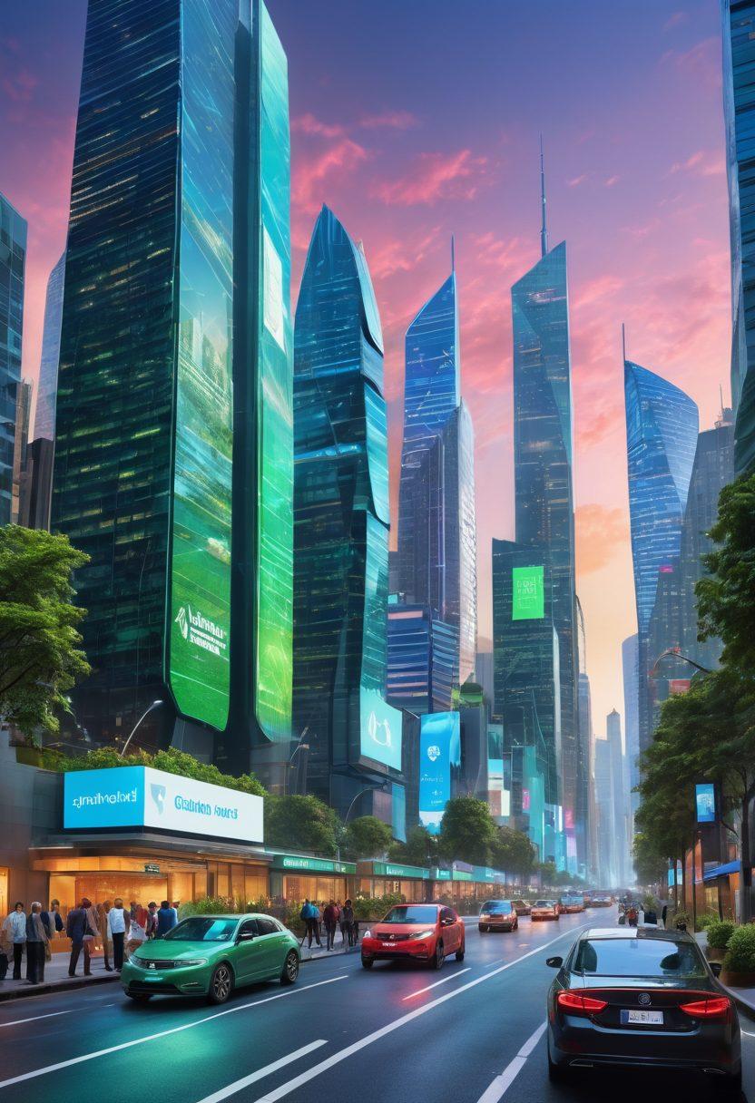 A futuristic cityscape featuring digital billboards promoting innovative insurance solutions. In the foreground, a diverse group of people are interacting with holographic interfaces displaying insurance information, showcasing the ease of online coverage. The skyline is dotted with green technology, symbolizing sustainability in the insurance industry. Bright, vibrant colors bring the scene to life, enhancing the theme of advancement and accessibility. digital art. vibrant colors. futuristic style.
