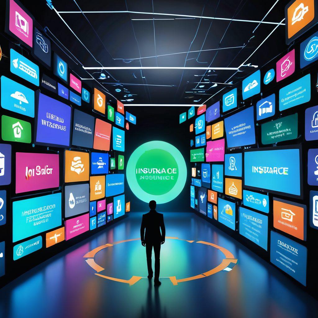 A futuristic digital landscape showcasing diverse online insurance policies, with a central figure navigating through vibrant icons of various insurance types. Include a seamless blend of technology and user-friendly interfaces, with glowing screens displaying quotes and policies. The atmosphere should be dynamic and engaging, highlighting innovation in the insurance sector. super-realistic. vibrant colors. 3D.